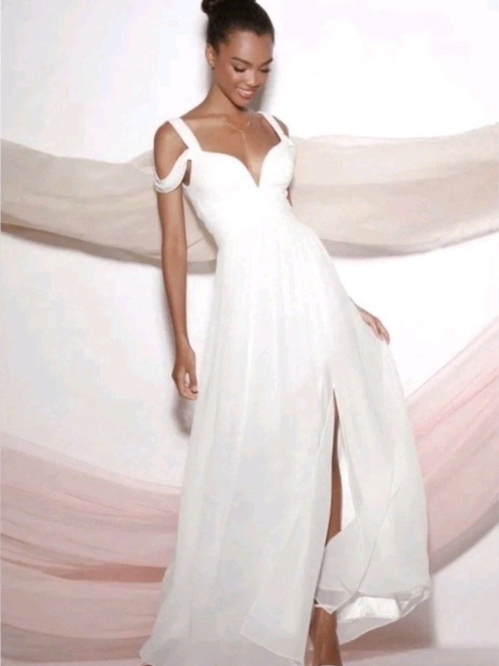 Lulu's Ocean Of Elegance Off-Shoulder Chiffon Wedding Gown with Slit Size Xl Nwt